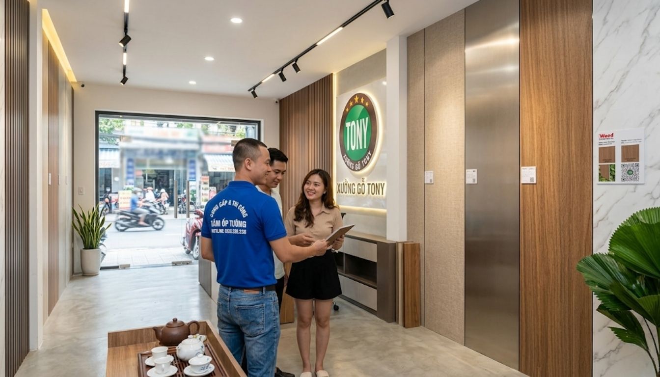 Đội ngũ tư vấn chuyên nghiệp tại Showroom Xưởng Gỗ Tony luôn sẵn sàng hỗ trợ khách hàng lựa chọn tấm ốp than tre cao cấp chính hãng phù hợp nhất với không gian và ngân sách – không gian trưng bày hiện đại, đa dạng mẫu mã, báo giá minh bạch.
