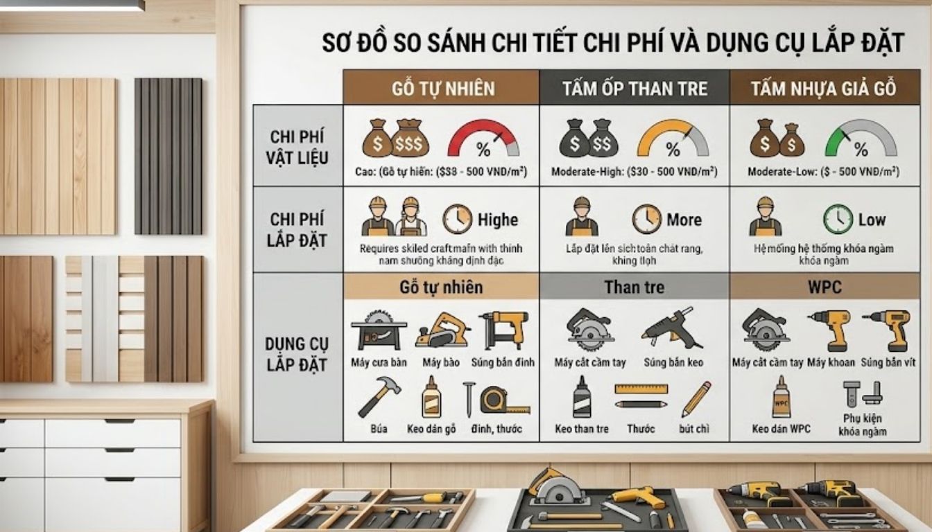 So sánh chi phí lắp đặt tấm ốp than tre, gỗ tự nhiên và nhựa giả gỗ