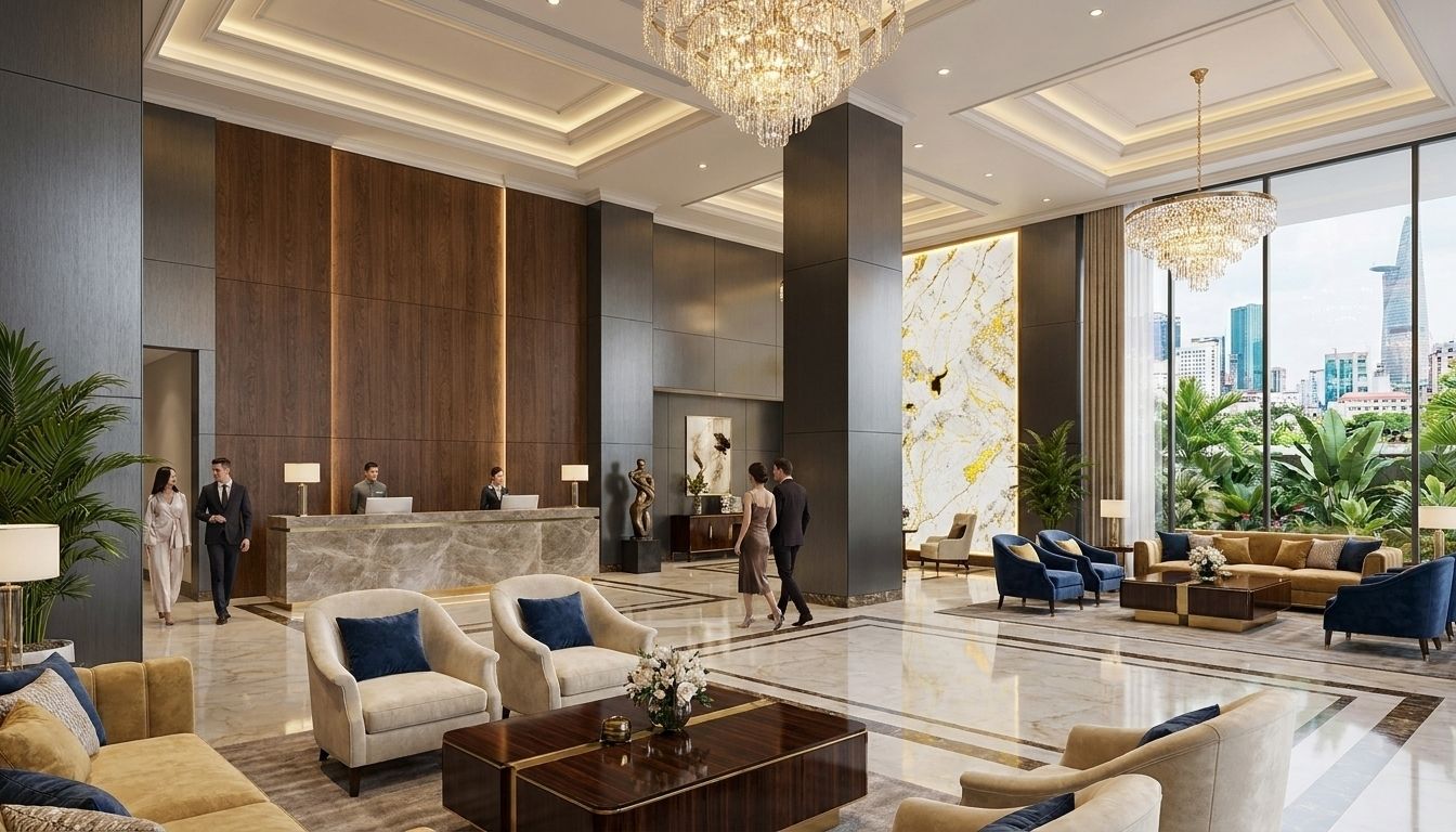 Sảnh lobby khách sạn 5 sao sang trọng với tường ốp tấm than tre vân gỗ tối màu cao cấp, đèn chùm pha lê lộng lẫy, bàn lễ tân đá marble và tầm nhìn panorama hướng ra thành phố – minh chứng tấm ốp than tre mang lại không gian sống sang trọng, tinh tế đẳng cấp cho mọi công trình từ nhà ở đến khách sạn thương mại cao cấp.