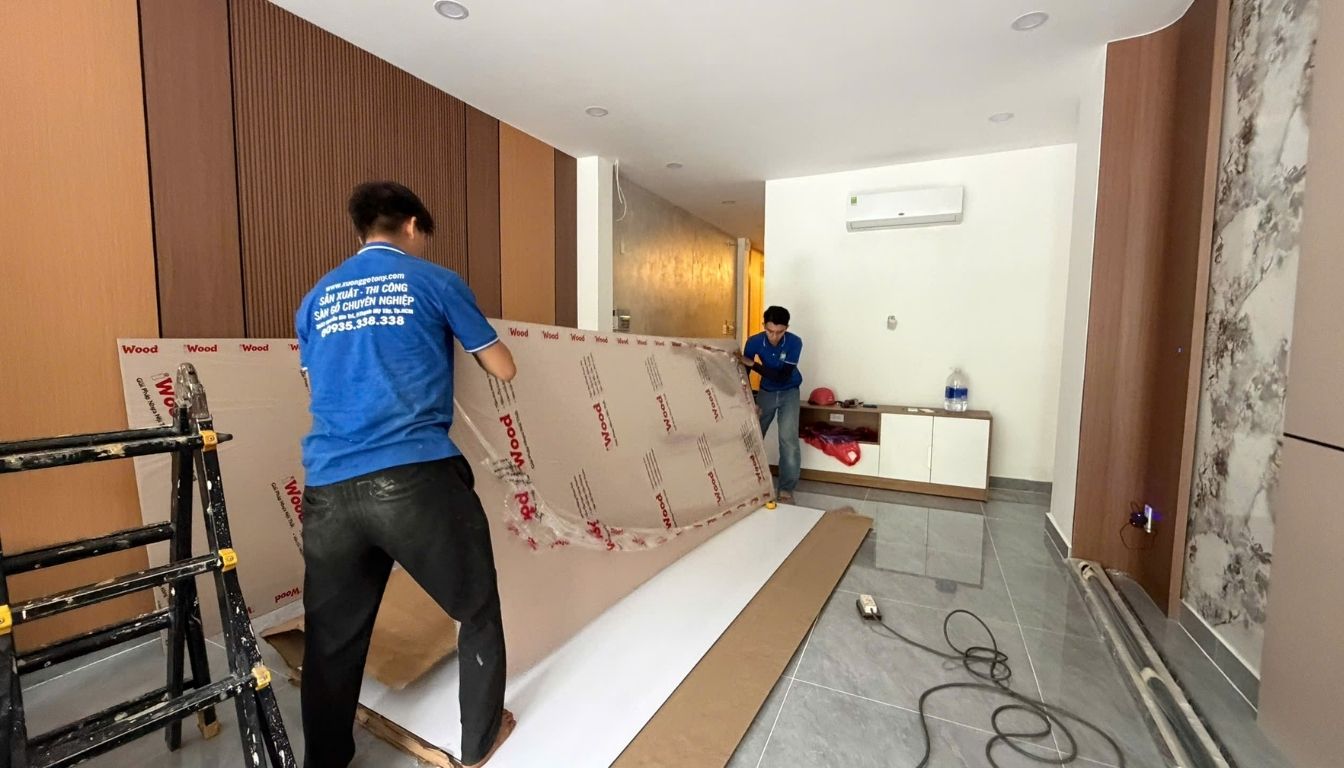 Hai thợ thi công chuyên nghiệp mặc đồng phục xanh thương hiệu iWood đang dễ dàng vận chuyển tấm ốp than tre khổ lớn trong công trình nội thất – minh chứng trọng lượng nhẹ của tấm ốp than tre giúp giảm tải cho kết cấu công trình, thi công nhanh chóng chỉ cần 2 người, tiết kiệm tối đa chi phí nhân công và thời gian hoàn thiện.