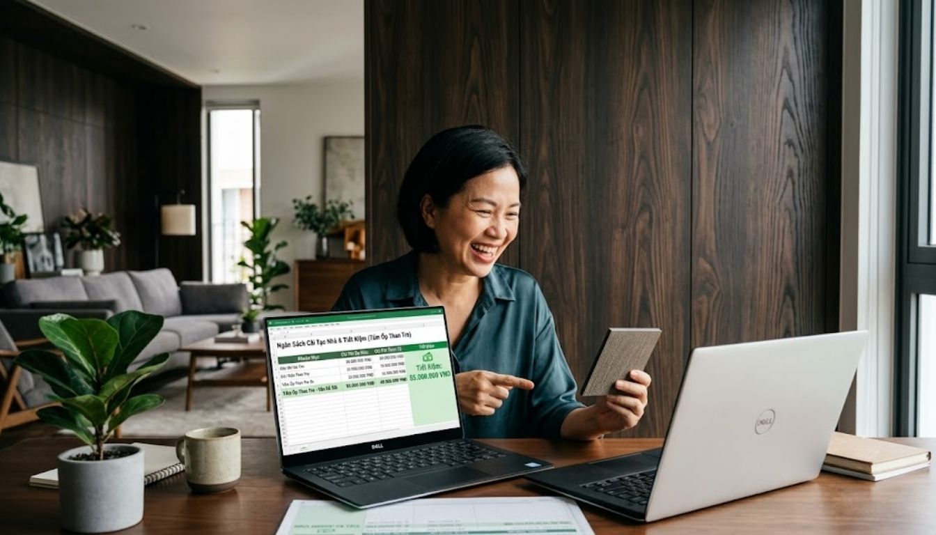 Chủ nhà vui mừng khi tính toán ngân sách cải tạo nhà với tấm ốp than tre – bảng so sánh chi phí trên laptop cho thấy mức tiết kiệm vượt trội so với các vật liệu truyền thống, giúp tối ưu ngân sách đầu tư ban đầu lẫn chi phí bảo trì lâu dài.