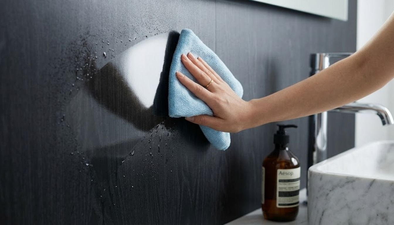 Bàn tay phụ nữ dùng khăn microfiber màu xanh lau sạch bề mặt tấm ốp than tre màu xám đen trong phòng tắm hiện đại – minh chứng tấm ốp than tre chống thấm nước, dễ vệ sinh, duy trì vẻ đẹp bền lâu chỉ với thao tác lau đơn giản.